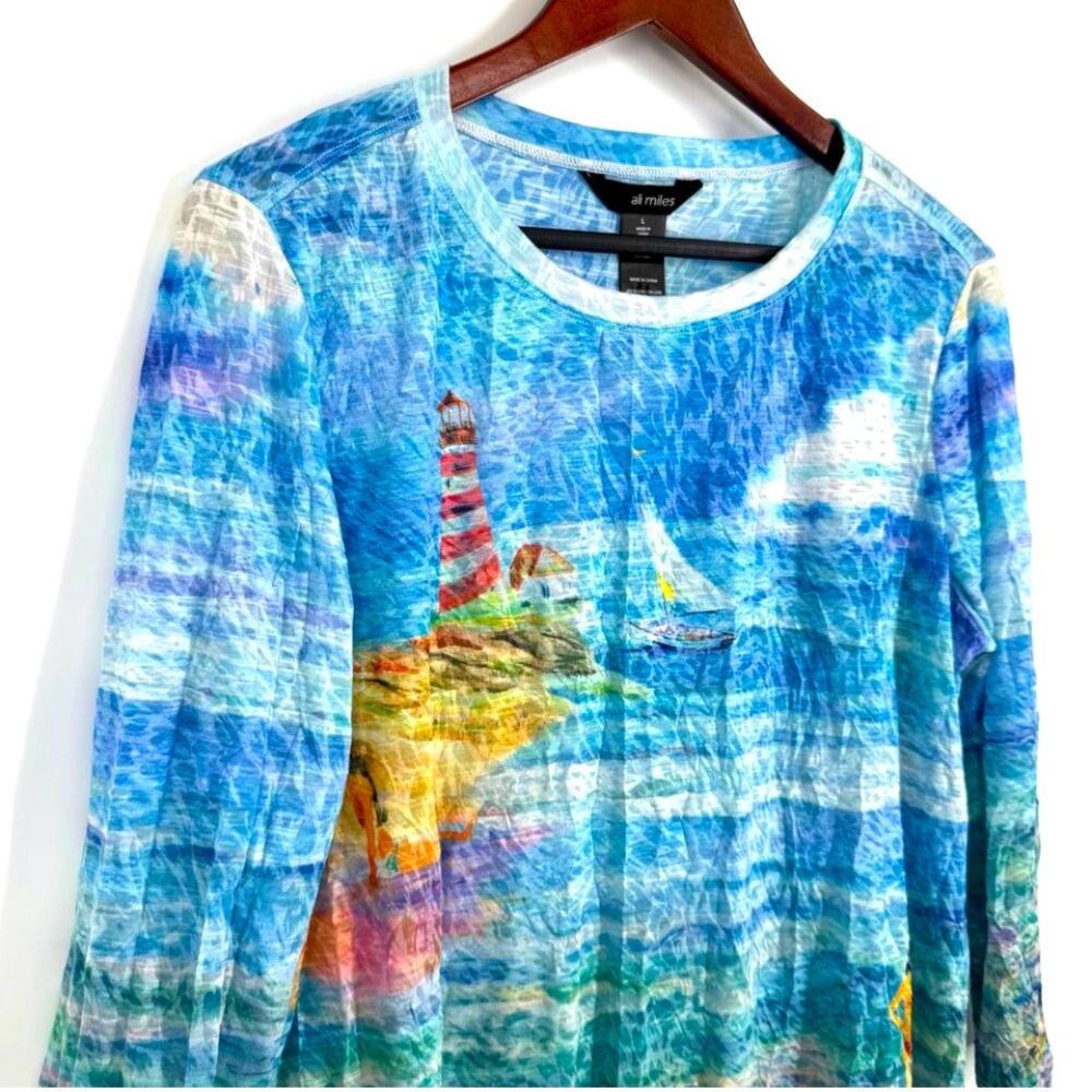 Ali Miles Large Blue Tropical Ocean Beach Sailing Blouse Shirt Top Unique Artsy - Picture 3 of 6